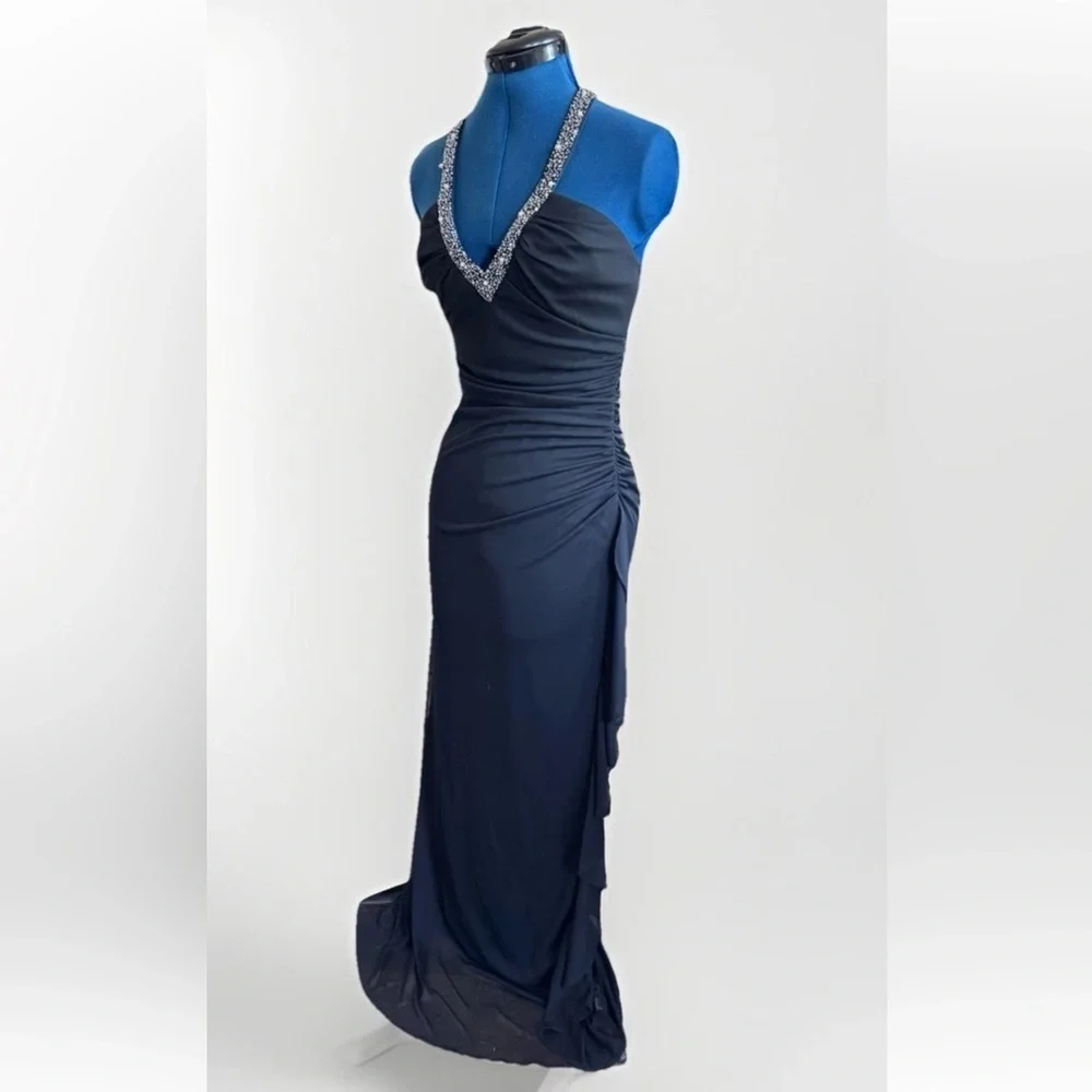 Vintage 90s Y2K Style Betsy & Adam by Linda Bernell Black Beaded Halter Dress 6